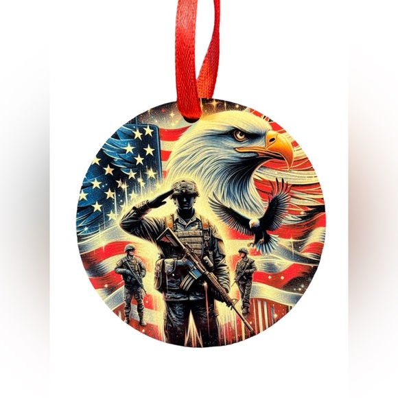 Hand Crafted Other - Military Soldier American Flag Eagle Round Christmas Ornament New